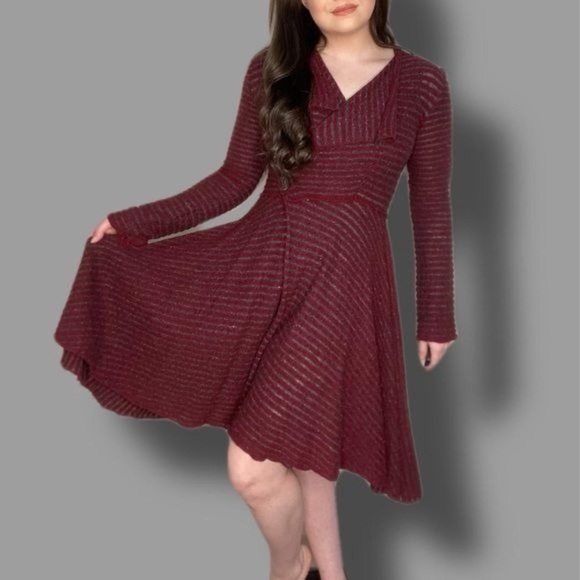 Free People Dresses & Skirts - FREE PEOPLE Burgundy & Gray Striped Duster Style Wrap Sweater Dress size medium